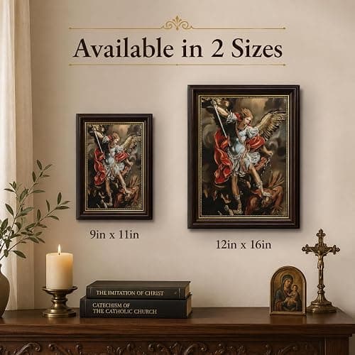 St Michael Archangel Framed Wall Art - Saint Michael Defeating Satan Painting - Catholic Religious Wall Decor for Bedroom Living Room Church, Vintage Christian Angel Canvas Print with Gold Trim Framed thumbnail 6