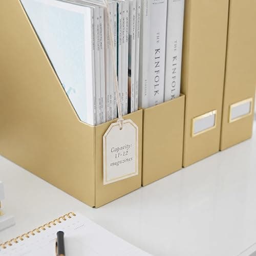 BLU MONACO | Gold Cardboard Magazine File Holder Set of 4 | Vertical Magazine File Holder for Shelves | Standing File Holder Desk Organizer thumbnail 4