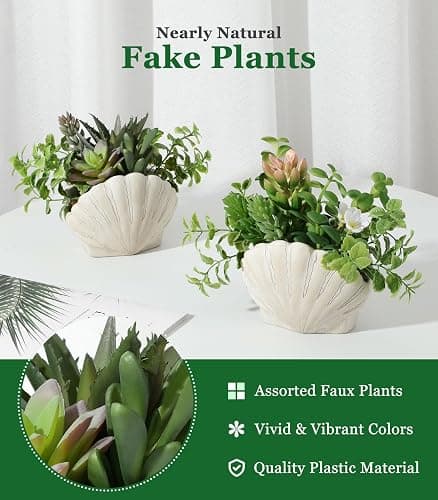 Lewondr Fake Plants Set of 2, Assorted Faux Succulents Artificial Plants with Sea Shell Pots, Artificial Greenery in Coastal Beach Decor, Ocean Seashell Series for Home Bedroom Beach Theme Party thumbnail 3