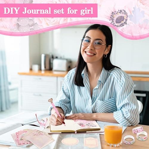 Janlaugh DIY Journal Diary with Lock Set Scrapbook Kit Stationary Diary Supplies Art Crafts Kit for Birthday Holidays Ideal Gifts for Women Teen Girls(Pink,Classic) thumbnail 5