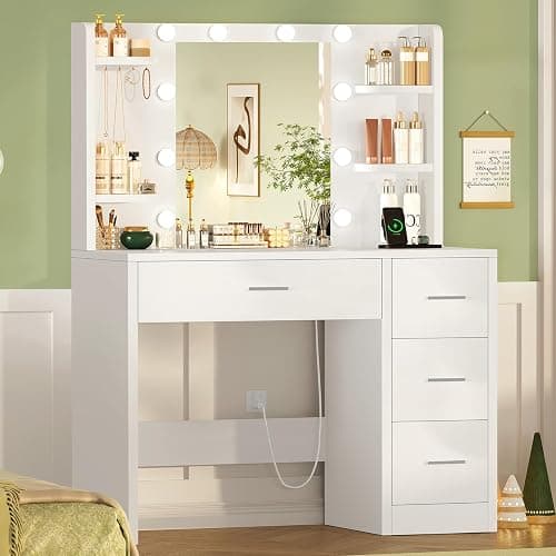 Quimoo Vanity Desk with Mirror and Lights, Makeup Vanity with Power Outlet and 4 Drawers & 6 Shelves & 5 Hooks, 3 Color Modes & Adjustable Brightness, White Vanity for Bedroom thumbnail 3