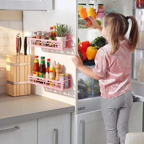 Beeveer 2 Pack Lace Bow Magnetic Spice Rack for Refrigerator Metal Magnet Basket Shelf for Fridge Seasoning Storage Organizers Home Decor Kitchen Accessories (Pink) thumbnail 5