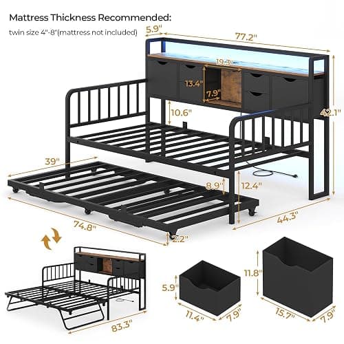 ADORNEVE Daybed with Trundle, Twin Day Bed with Storage Headboard & Charging Station, Height Adjustable Metal Trundle Bed Twin, Sofa Bed Frame for Living Room, Bedroom and Guest Room, Black thumbnail 2