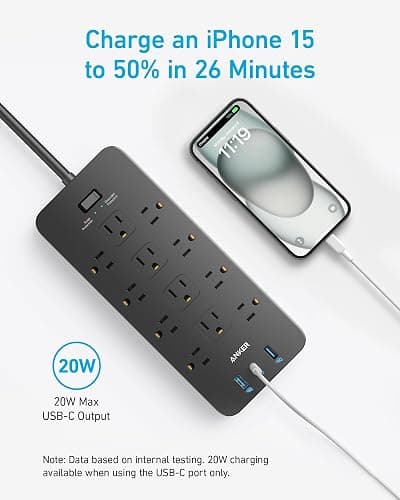 Anker Power Strip Surge Protector (2100J), 12 Outlets with 2 USB A and 1 USB C Port for Multiple Devices, 5ft Extension Cord, 20W Power Delivery Charging for Home, Office, Dorm Essential, TUV Listed thumbnail 7