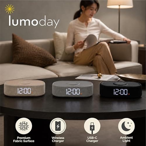 Lumoday Fabric Digital Alarm Clock for Bedroom, Wireless Charging, Beige | Wireless charging, USB-C port, dual alarm, 30-min snooze, dimmable display, ambient light, battery backup, bedside use thumbnail 3