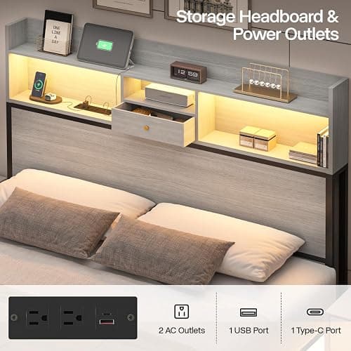 Siihnon Queen Bed Frame with Headboard and LED Lights, 51.2" Bookcase Tall Bed Frame Queen Size with Storage Drawers and Charging Station, Platform Metal Bed Frames, No Box Spring Needed, Grey thumbnail 5