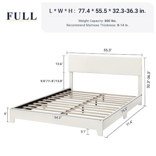 Allewie Full Size Bed Frame with Adjustable Headboard, Faux Leather Platform Bed with Wood Slats, Heavy Duty Mattress Foundation, No Box Spring Needed, Noise-Free, Easy Assembly, White thumbnail 2