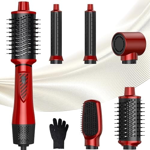 5 in 1 Air Styler Set & Hair Dryer Brush, Low-Speed Negative Ionic Hair Styler Drying, Multi Hair Styler, Professional Blow Dryer Brush for Curling Volumizing Straightening Styling (Red+Black) thumbnail 9