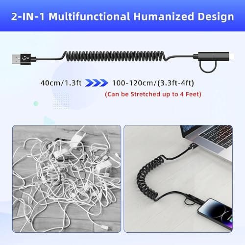 USB to USB-C and Lightning Cable Combo 2 in 1 Coiled Cable Ap ple Carplay & Android Auto Compatible[MFi & 3A Fast Charge & Data Sync] Coiled Lightning and USB C Cable for iPhone 15/14/13/12/Android thumbnail 7