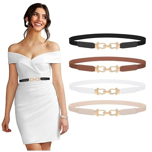 4 Pack Women Skinny Elastic Belts Gold Buckle Thin Stretchy Waist Belts for Dresses thumbnail 8