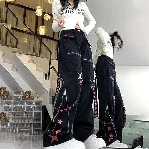 RILGOU Y2K Grunge Goth Vintage Casual High Waist Straight Wide Leg Zipper Red Star Straps Trim Jeans Cargo Pants thumbnail 3