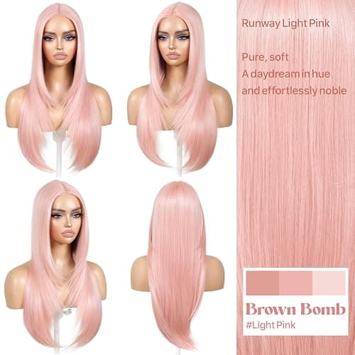 BrownBomb Pink Wear and Go Glueless Wigs Light Pink Synthetic Lace Front Wigs Pre Plucked Pre Cut Long Layered Straight Wigs with Curtain Bangs For Woman middle Part Wig 26 Inch for Beginners thumbnail 6