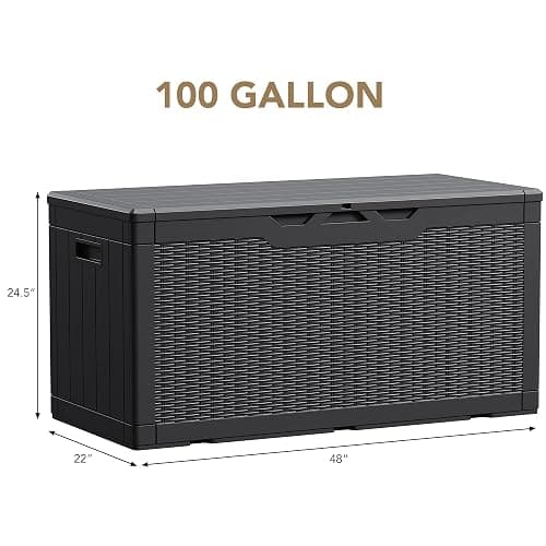 Devoko 100 Gallon Waterproof Large Resin Deck Box Indoor Outdoor Lockable Storage Container for Patio Furniture Cushions Garden Tools (100 Gallon, Black) thumbnail 2