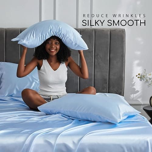 MR&HM Satin Bed Sheets, Queen Size Sheets Set, 4 Pcs Silky Bedding Set with 15 Inches Deep Pocket for Mattress (Queen, Light Blue) thumbnail 3