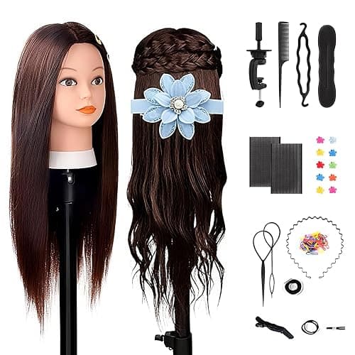 TwoWin Hairdressing Training Head, 26" 80% Real Hair Mannequin Head, Wig Styling Head with Clamp and DIY Braiding Set (Dark Brown) thumbnail 2