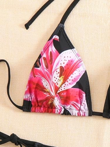 SEGT Women's 2 Piece Floral Print Halter Neck Tie Bikini Set Triangle String Thong Swimsuit Summer Bathing Suits for Women thumbnail 3