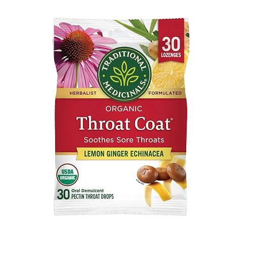 Traditional Medicinals Lozenges, Organic Throat Coat Lemon Ginger Echinacea, Sore Throat Support, 30 Individually Wrapped Lozenges - Image 1