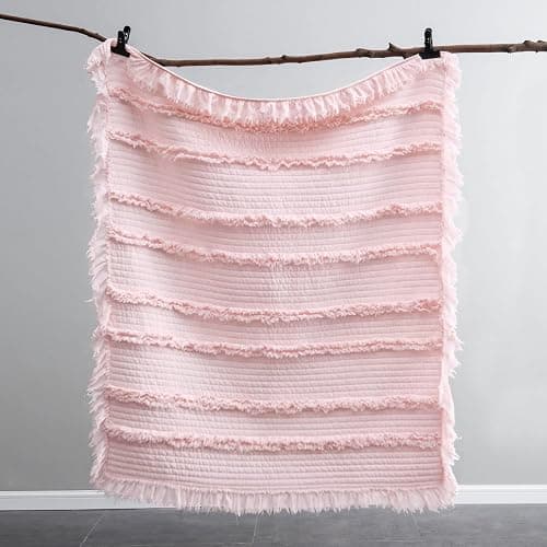 Ultra Soft Pre-Washed Quilted Throw Blanket, Ruffle Fringed Pink Boho Decorative Throw, Stone Washed Chic Rustic Blanket for Sofa Couch Bed Chair, 50"x 60" thumbnail 7