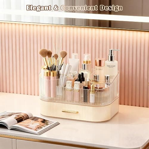 ShinyDew Makeup Organizer Countertop with 360 Rotating Brush Holder, Make Up Organizers For Vanity With Drawer, Bathroom Countertop Skincare Organizer And Storage thumbnail 2