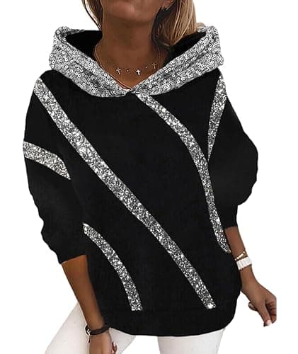 xxxiticat Women's Shiny Sequin Hooded Sweatshirt Long Sleeve Casual Bling Sparkly Striped Color Block Pullover Hoodies - Image 1