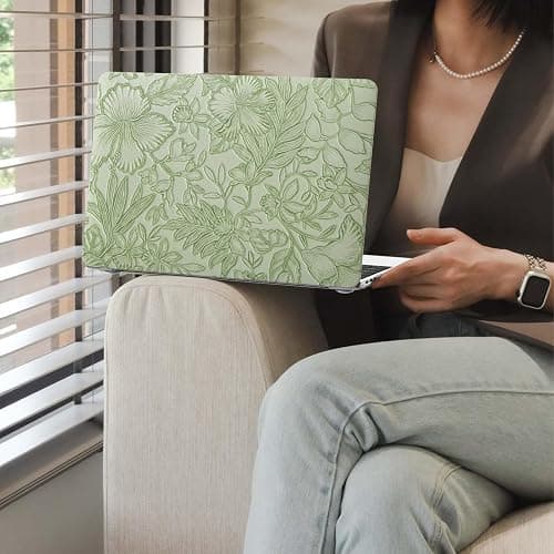 iCasso Compatible with MacBook Air 13 inch Case 2020-2018 Release A2337 M1 A2179 A1932, Texture Leather Plastic Hard Shell Case + Keyboard Cover + Screen Protector, Green Embossed Floral thumbnail 5