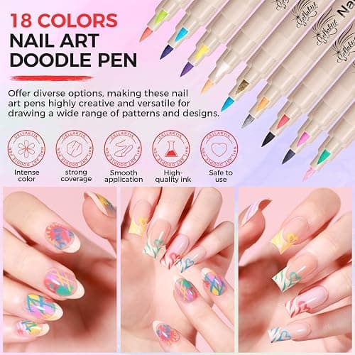 GELLAKTIK 18 Colors Nail Art Pens Set, 3D Nail Polish Pens Quick-Drying Acrylic Paint Markers, Dotting Liner Brush for DIY Nail Design, Home & Salon Manicure Tools thumbnail 4