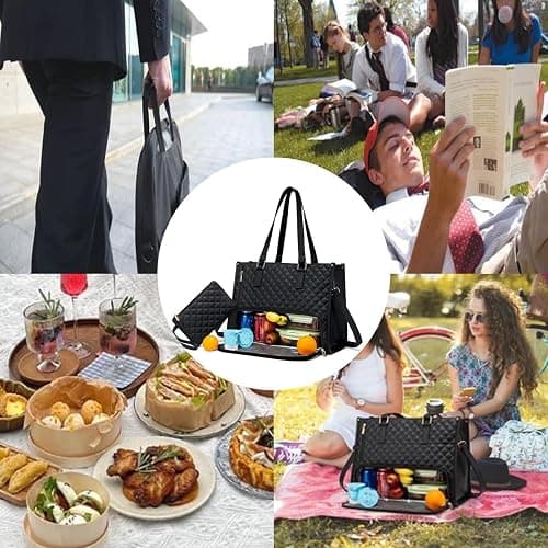 CHENBOOW Lunchtasche für Frauen,Laptop-Tasche mit Isoliertem Lunchfach 15,6 Zoll,Isolierte Lunchtasche,Große Einkaufstasche mit Mittagsabteil,2-in-1 Lunch Bag Handtasche Kombination - Schwarz thumbnail 7