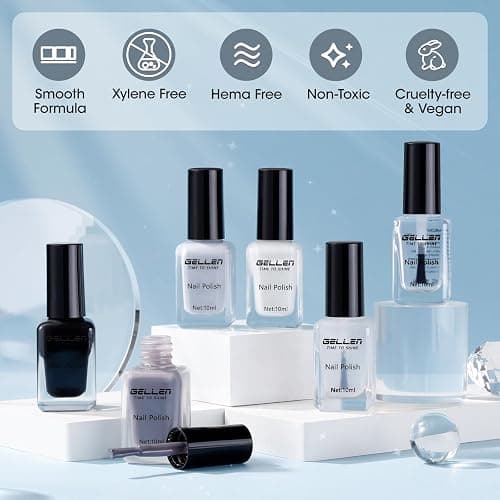 GELLEN Black White Gray Nail Polish 4-Color Set & Base Top Coat, Fall Winter Trendy Winter Black White Grey Regular Nail Polish Quick Air Dry Set for Women Home Salon, Hema Free, Toxin Free, TPO Free thumbnail 7