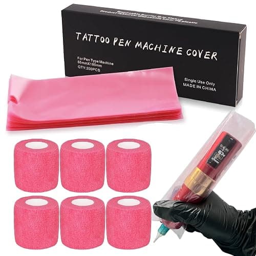 SOTICA 206PCS Tattoo Machine Covers with Grip Tape Pink Tattoo Supplies | 200PCS Pink Tattoo Pen Covers 2.56×7.1" Machine Wraps and 6PCS Pink Self-Adhesive Bandage for Tattoo Supplies - Image 1
