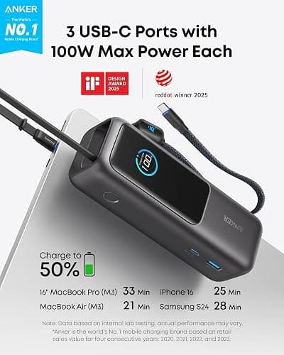 Anker Laptop Power Bank, 25,000mAh Portable Charger with Triple 100W USB-C Ports, Built-in and Retractable Cables, for iPhone 16/15 Series, MacBook, Samsung, and More (Flight-Approved) thumbnail 2