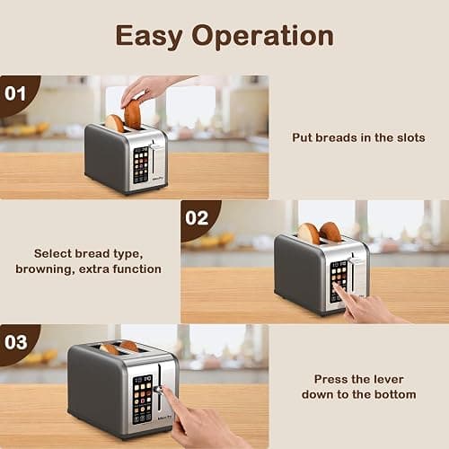 Mecity 2 Slice Touch Screen Toaster, 1.5" Wide Slot, Stainless Steel Smart Toaster for Bagels, Muffins, Waffles, Gluten-Free Breads, Defrost, Reheat, Timer, 120V 825W, Grey Pearl thumbnail 7