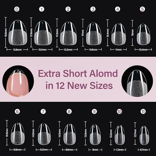 Misssix Extra Short Almond Gel Nail Tips Kit, 216Pcs Pre Etched Clear Fake Nails, Full Cover False Nail 9-in-1 Gel Glue and Portable Mini U V Nail Lamp for Women 12 Sizes thumbnail 6