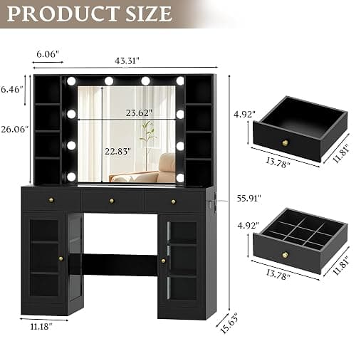 Wodeer Makeup Vanity Desk with Mirror and Lights, Black Vanity with Glass Top, LED Lights & Power Outlet, 3 Drawers & 2 RGB Glass Cabinets, Adjustable Lighted Dressing Table for Women & Girls Bedroom thumbnail 2