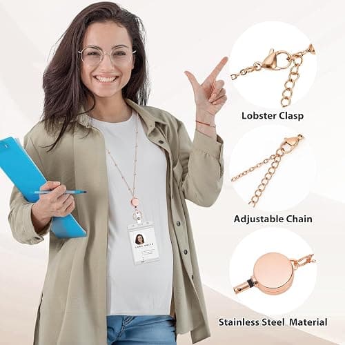 Rose Gold Lanyards for Id Badges Stainless Steel Badge Lanyard with 2 Pcs Waterproof Id Holder Retractable Badge Lanyards Teacher Lanyard for Cruise Ship Key Cards Badges thumbnail 4