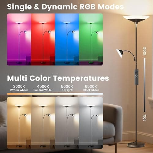 SIBRILLE RGB Torchiere Floor Lamp - 2 Way Dimmable LED Standing Lamp with Remote&Button Control, 30W Rotatable Floor Reading Light, 72'' Tall Modern Corner Lamp for Living Room Bedroom Office thumbnail 3