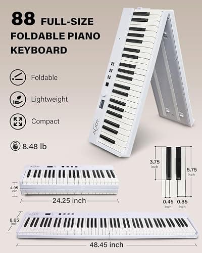 AiJoy 88-Key Piano Keyboard with Semi-Weighted Keys Portable Folding Piano, 128 Tones, Speakers, USB-MIDI, Carry-Bag, Sustain Pedal, Stand Electric Keyboard Piano for Beginners, White thumbnail 5