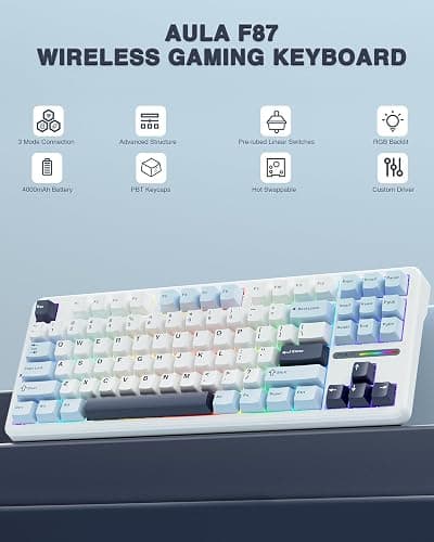 AULA F87 Wireless Gaming Keyboard Tri-mode,75% Percent Hot Swappable Custom Keyboards,Five-Layer Padding,Pre-lubed Switches,RGB Backlight,TKL Mechanical Keyboard for PC/Mac (Glacial Blue) thumbnail 2