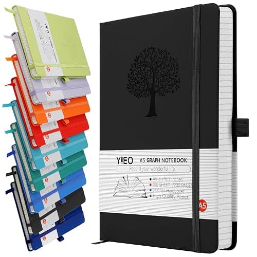 A5 Journal Notebook Graph Paper, 200 Pages Leather Squared Journal Notebook for Women Men, Hardback Note Book with 80GSM Grid Paper, No Bleed for Writing, Notepad for Office School Supplies, Black - Image 1
