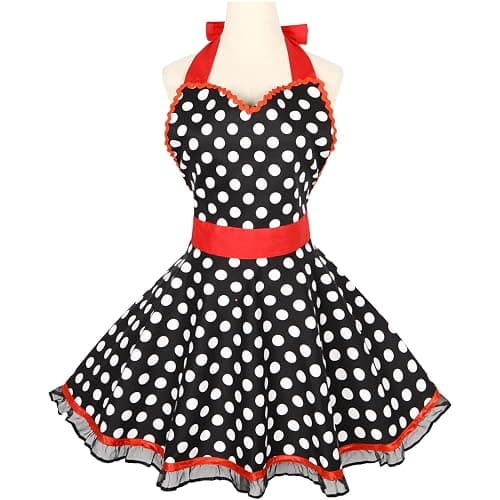 Violet Mist Lovely Retro Cute Aprons for Women Black Red Lace Polka Dot Vintage Aprons for Girls Ladies Ruffle Frilly Christmas Apron Kawaii 50s Maid Kitchen Aprons for Cooking Baking Mothers Gift - Image 1