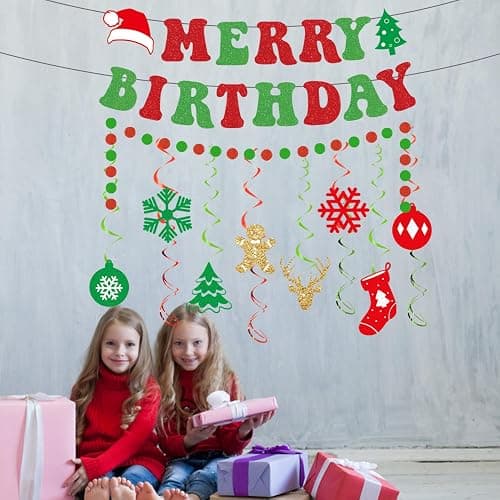 Gameza Christmas Birthday Decorations, 15PCS Glittery Merry Birthday Banners Hanging Swirls Decor, Xmas Happy Bday Party Decor for Girls Boys thumbnail 5