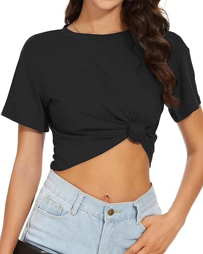 Womens Summer Crop Tops Short Sleeve Round Neck T-Shirts Loose Fit Casual Blouse thumbnail 5