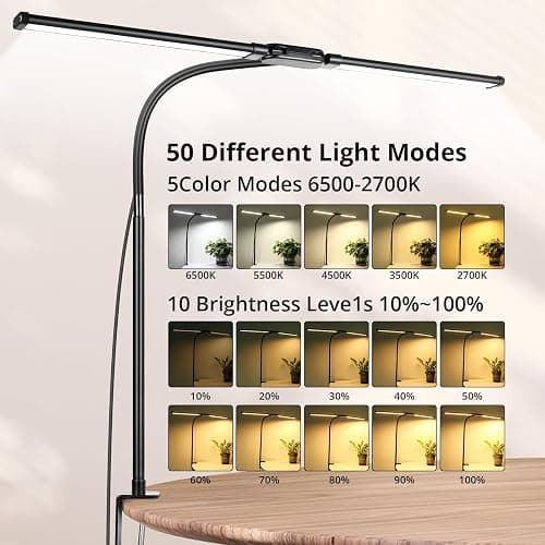 Woputne Desk lamp with Clamp, Super Wide & Bright, 5 Color Modes X 10 Brightness Levels, 960LM(160 Pcs Lamp Beads), 12W Computer Monitor Flexible Table Light, Desk Light for Office,Study, Crafts, Draw thumbnail 3
