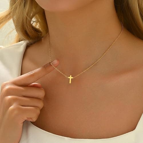 Nawflue Cross Necklace for Women, 18K Gold Plated Dainty Tiny Sideways Cross Choker Necklace, Adjustable Stainless Steel Trendy Faith Jewelry, Christmas Gifts thumbnail 3