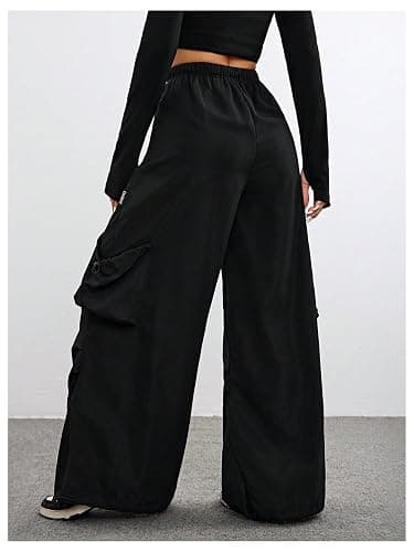 GORGLITTER Women's Parachute Baggy Cargo Pants Wide Leg Low Waisted Oversized Loose Drawstring Pants with Pockets thumbnail 3