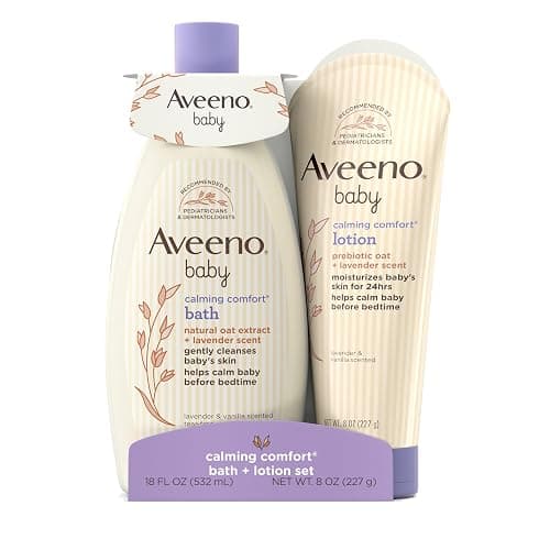 Aveeno Baby Calming Comfort Bath & Body Lotion Set, Nighttime Baby Skin Care Products with Nourishing Oatmeal Plus Relaxing Lavender & Vanilla Scents, Paraben- & Phthalate -Free, 2 Items - Image 1