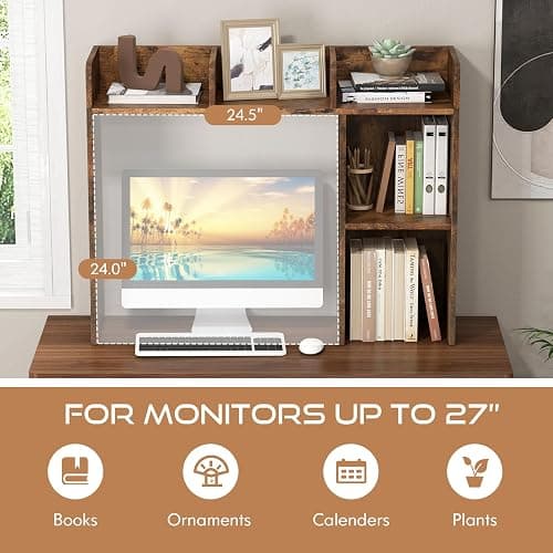 Tangkula Desktop Bookshelf, Countertop Storage Hutch with 5 Shelves for Computer Desk, 3-Tier Display Rack, Multipurpose Wood Desktop Hutch Storage Organizer for Dorm Office, Brown thumbnail 8