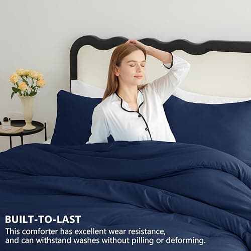 CozyLux Navy Blue King Size Comforter Set, 3 Pieces Solid Breathable Quilted Style Bedding Sets, Luxury Fluffy Soft Bed Set with Down Alternative Comforter for All Season (1 Comforter & 2 Pillowcases) thumbnail 2