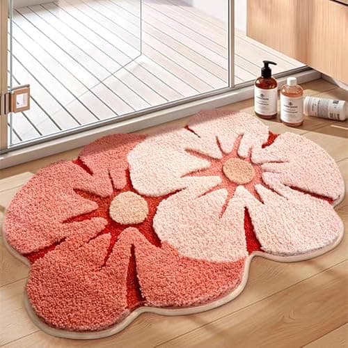 Ankah Shower Rug Bath Mat Forest Series Cartoon Design Bathroom Rug, Fluffy, Soft, Non-Slip, Durable, Absorbent Bath Rug, Irregular Plant Shaped Door Mat and Carpet, 19.7" x 31.5", Peach Blossom thumbnail 8