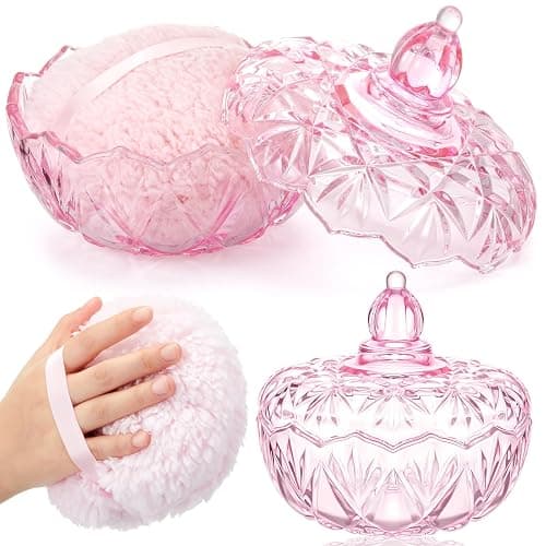 Tioncy 2 Pcs Powder Puff Container Set 6" Glass Jar,Pink,Pumpkin | Extra Large, Soft Velour Powder Puff Washable Reusable, Body Dusting Makeup Apply, Vintage Crystal Glass Design Xmas Gift - Image 1