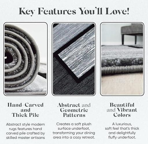 HADBA Modern 5x7 Grey-Black Square Geometric Living Room Rug - Area Rugs for Living Room Dining & Bedroom - Hand Carved Runner Carpet - Durable Polyester - Non-Fade Stain-Resistant - Turkish Made thumbnail 2